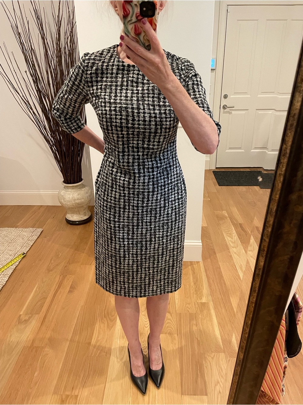 Boss Black and White Houndstooth Midi Sheath Dress